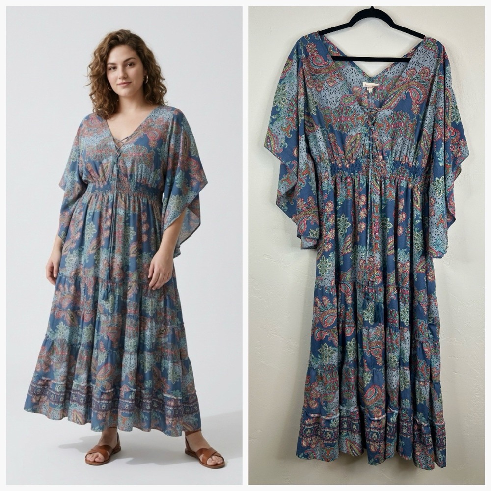 Anthropologie Boemo Maxi Dress Blue Paisley Kimono Sleeve Size L Boho Peasant